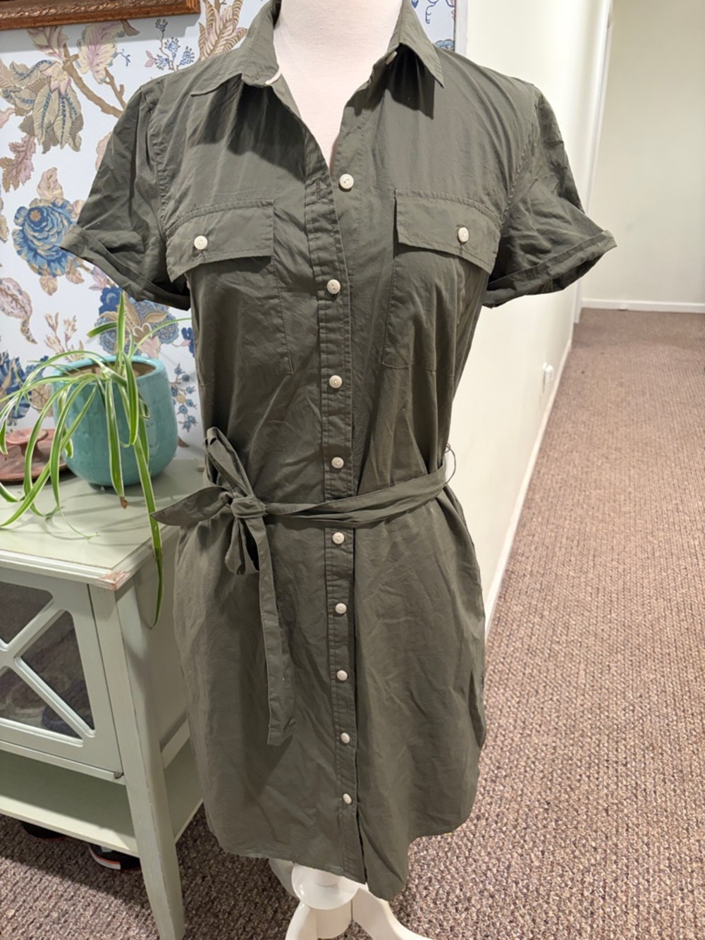 LL Bean Signature Olive Green Shirt Dress with Tie Belt